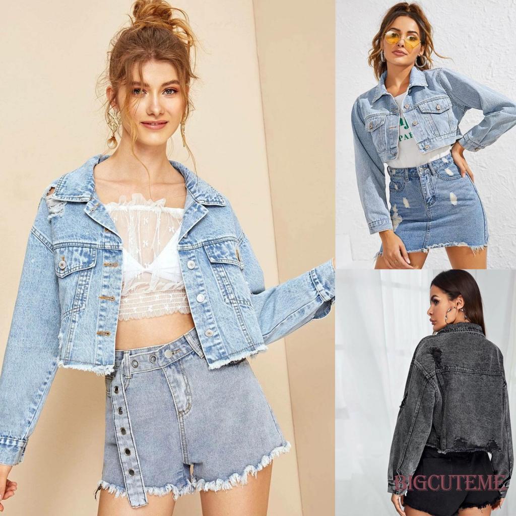 Áo Khoác Jeans Lửng Tay Dài Thời Trang Dành Cho Nữ