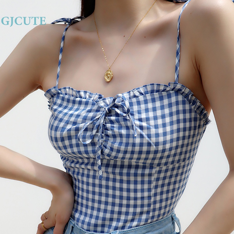 Áo Hai Dây Mỏng Mùa Hè Buộc Dây Họa Tiết Kẻ Sọc Cổ Điển Pháp Cho Nữ