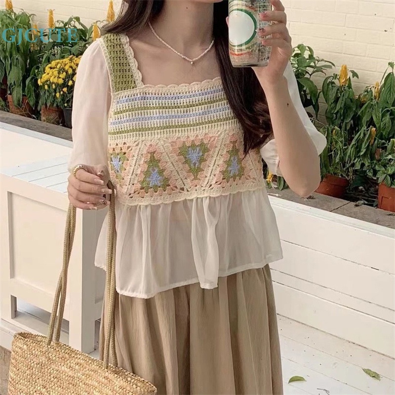 Áo Dệt Kim Tay Ngắn Cổ Vuông Phối Lỗ Thời Trang Mùa Hè Pháp Cho Nữ