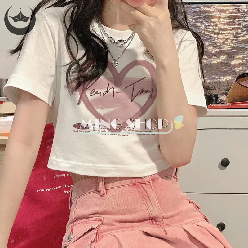 Áo Thun Lửng Ngắn Tay Cổ Tròn In Hình Trái Tim Thời Trang Cho Nữ