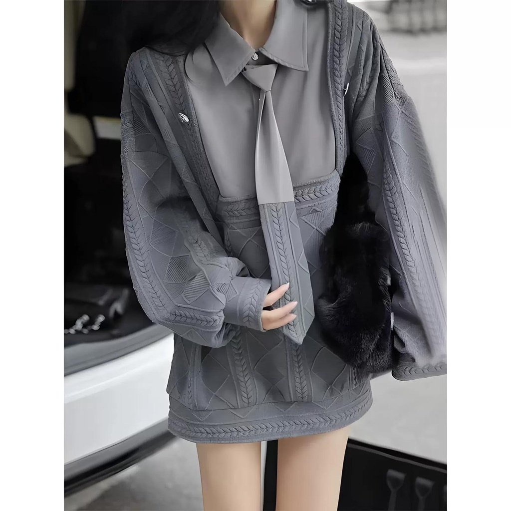 Áo sweater giả hai lớp tay phồng thời trang nữ mùa xuân