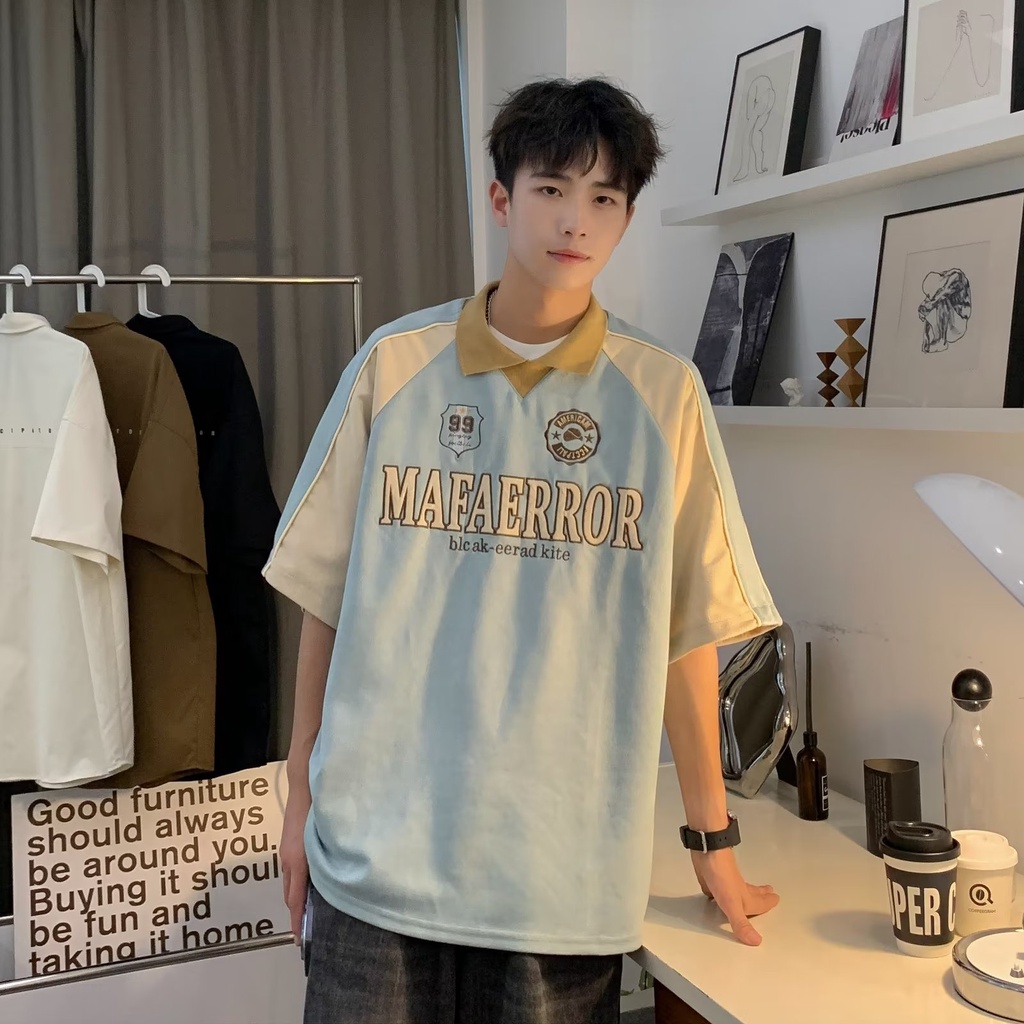 Áo Thun polo Da Lộn Tay Ngắn Dáng Rộng Màu Sắc Tương Phản Phong Cách Retro Mỹ Thời Trang Mùa Hè Cho Nữ