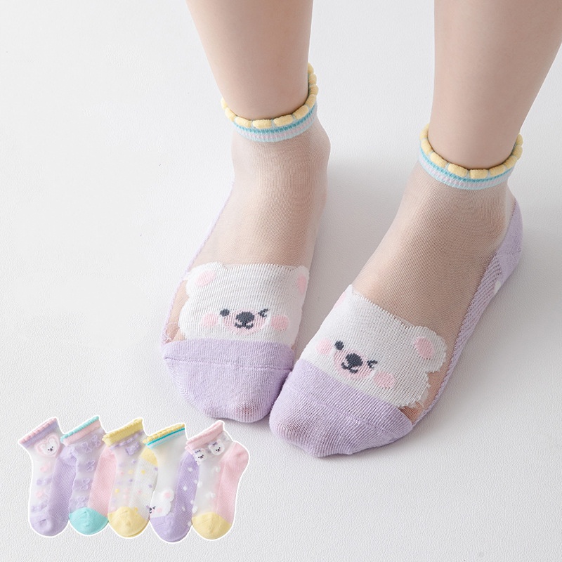 Bộ 5 Đôi Vớ Cotton Lụa Lạnh Mỏng Thoáng Khí In Hoạt Hình Dễ Thương Thời Trang Mùa Hè Cho Bé Gái