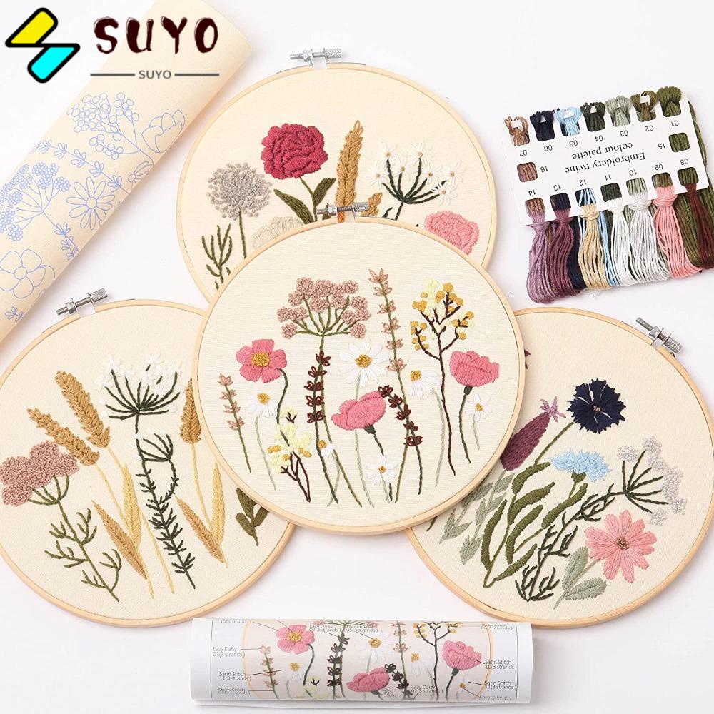 SUYO Bộ 4 Dụng Cụ Thêu Tranh Chữ Thập 11.8 Inch x 11.8 inches (30 cm) In Họa Tiết Hoa Dễ Thương Cho Người Mới Bắt Đầu