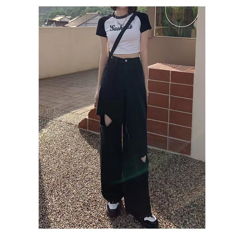 SUXI Quần Jean Đen Ống Rộng Lưng Cao Tôn Dáng Hợp Thời Trang Cho Nữ