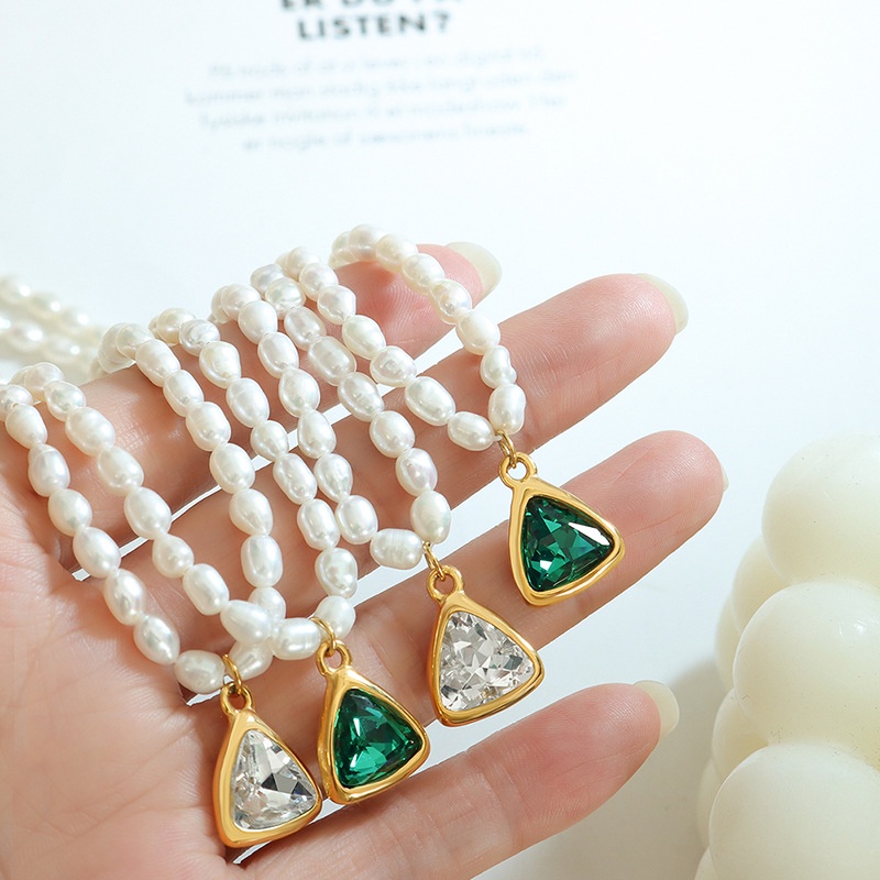 Vòng cổ Hai Màu Ngọc Trai Pha Lê Xanh Lá Và Trắng Thời Trang Cá Tính Phong Cách Pháp Mới