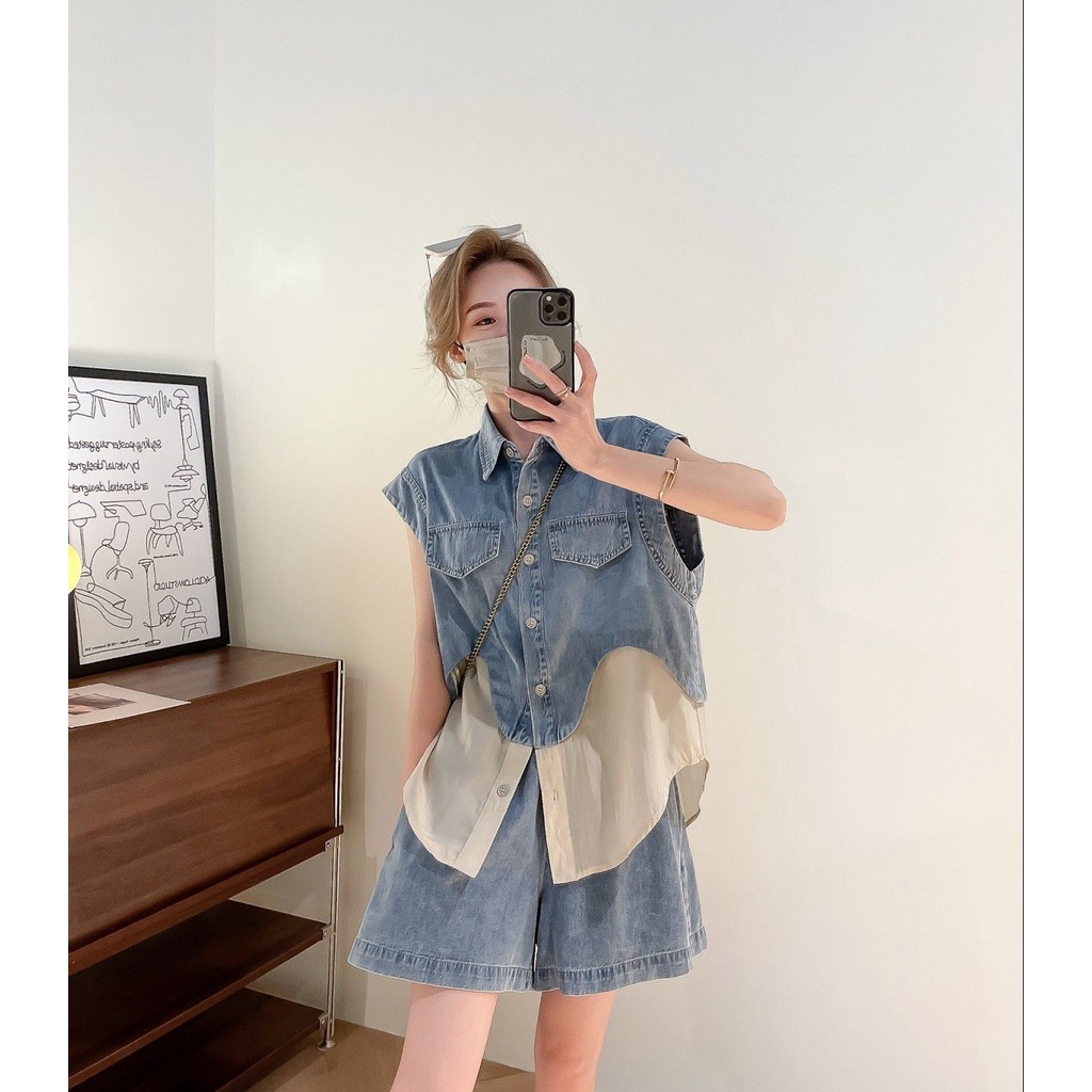 Bộ Áo Denim Không Tay + Quần Short Denim Phong Cách Hàn Quốc Thời Trang Mùa Hè 20023 Mới