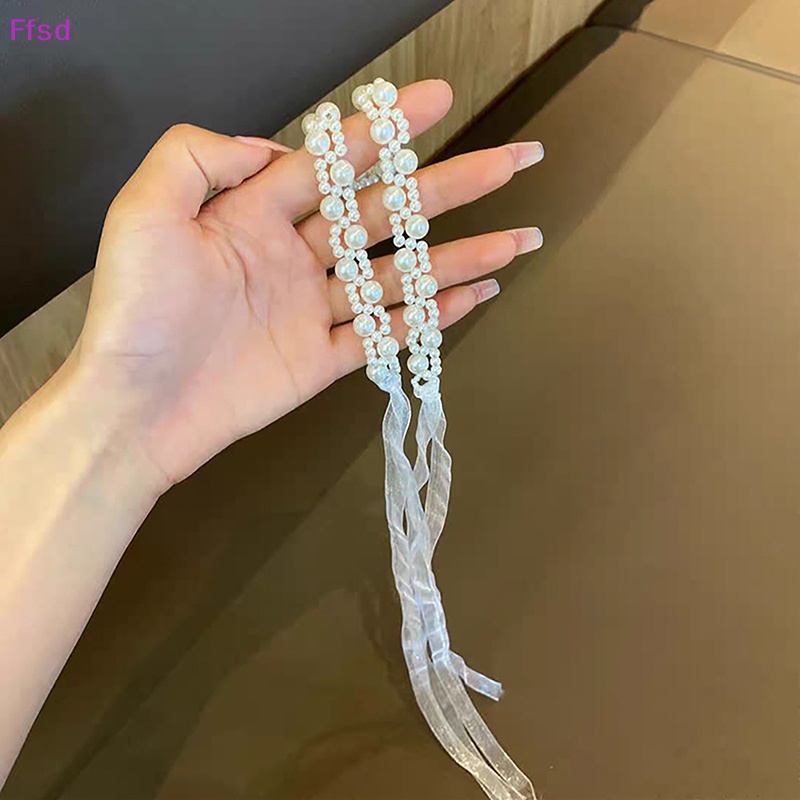 {Ffsd} Vòng Cổ Choker Dây Ruy Băng Dài Đính Hạt Ngọc Trai Pha Lê Ngọt Ngào Lãng Mạn Hàng Bán Chạy *