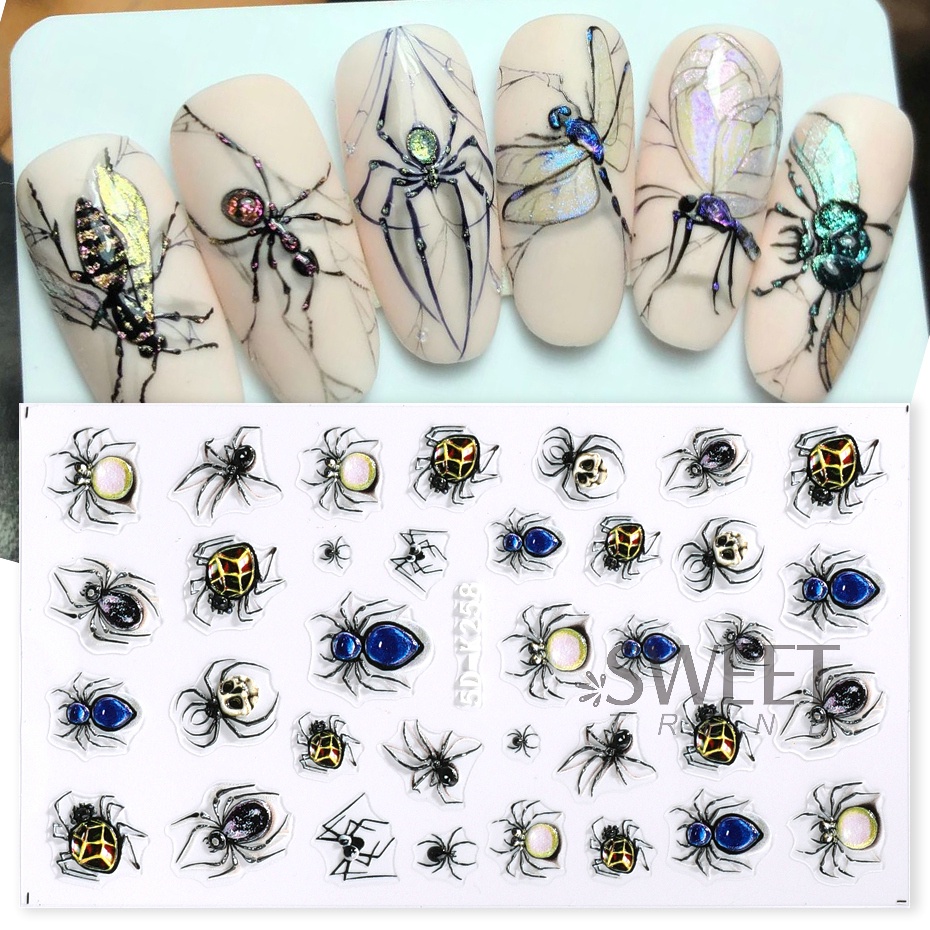 Nhãn Dán Trang Trí Móng Tay Họa Tiết Nhện Đính Đá 5D Độc Đáo