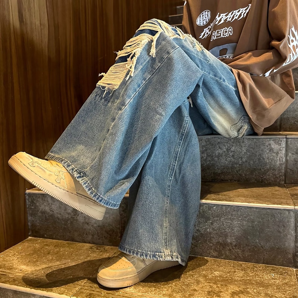 Quần Jean Dài Ống Rộng Phối Rách Kiểu Retro Đường Phố Thời Trang Mùa Hè Cá Tính