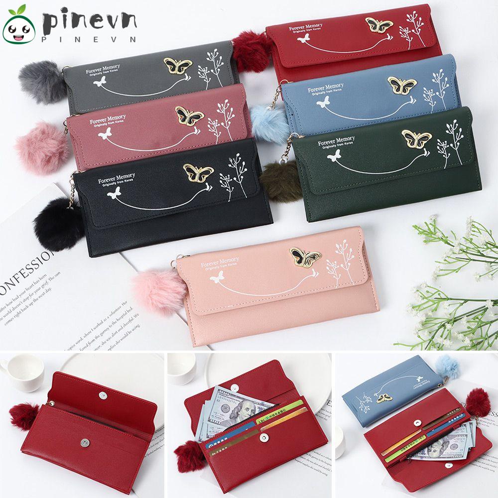 PINEVN Ví Da Pu Cầm Tay Đính Bóng Lông Thời Trang