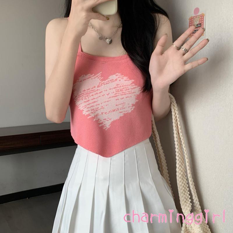 Áo Croptop Dệt Kim Cổ Vuông Hở Lưng In Họa Tiết Trái Tim Thời Trang Mùa Hè Cho Nữ