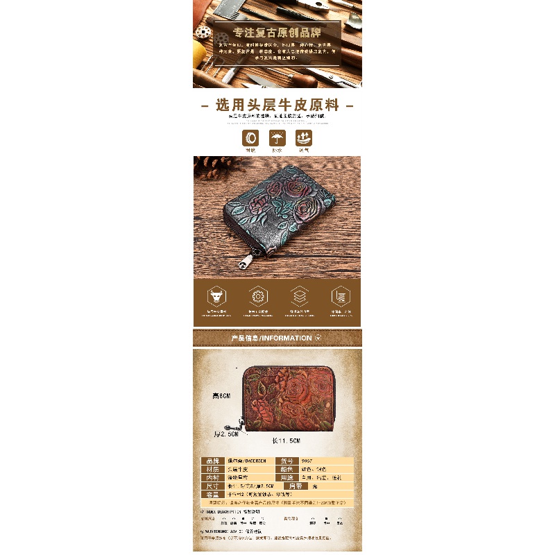 Ví Da Bò Thật Nhiều Ngăn Đựng Thẻ Có Khóa Kéo Cá Tính