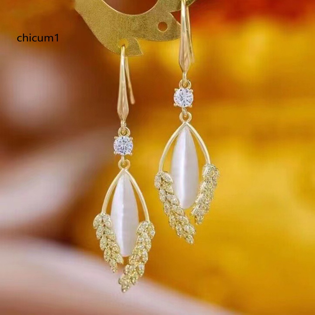 1 Đôi Bông Tai Hình Chiếc Lá Đính Đá Mắt Mèo Giả Thời Trang Sang Trọng Dành Cho Nữ