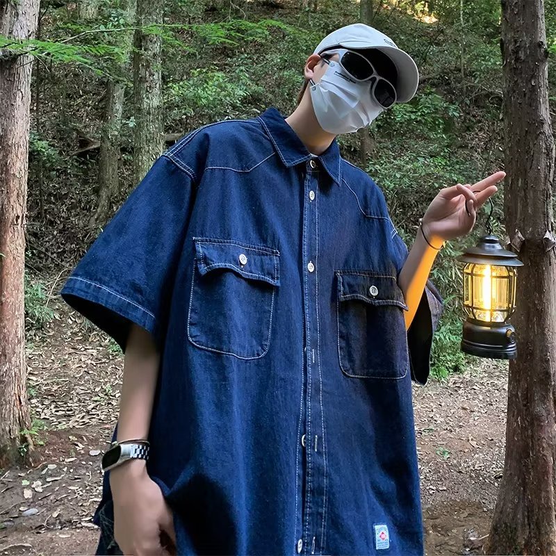 Áo Sơ Mi Denim Tay Ngắn Dáng Rộng Giả Nhiều Lớp Phong Cách Retro Nhật Bản Cho Nam Và Nữ