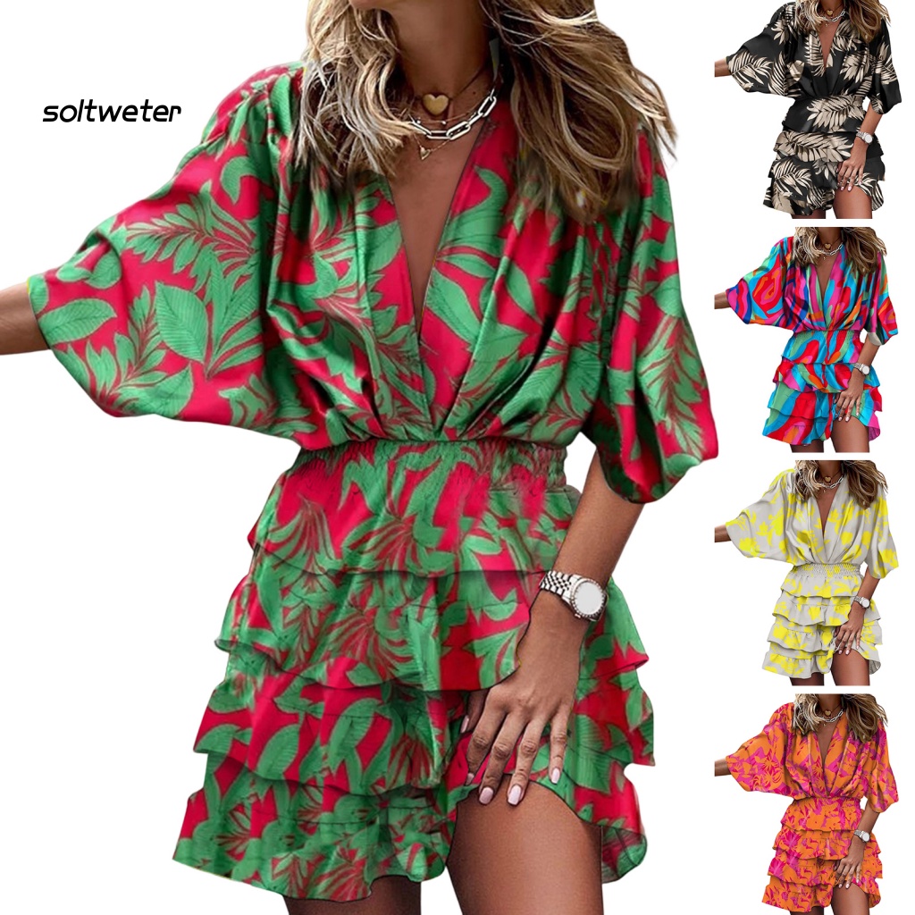 Đầm Cánh Dơi Cổ Chữ V In Họa Tiết Hoa Nhiều Màu Độc Đáo Thời Trang Mùa Hè Quyến Rũ Cho Nữ