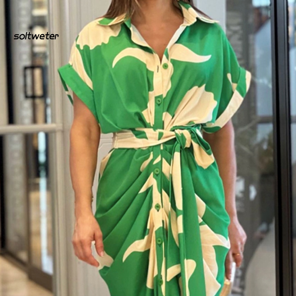 Đầm Sơ Mi Tay Ngắn Cổ Chữ V Eo Cao In Họa Tiết Lá Cây Nhiều Màu Sắc
