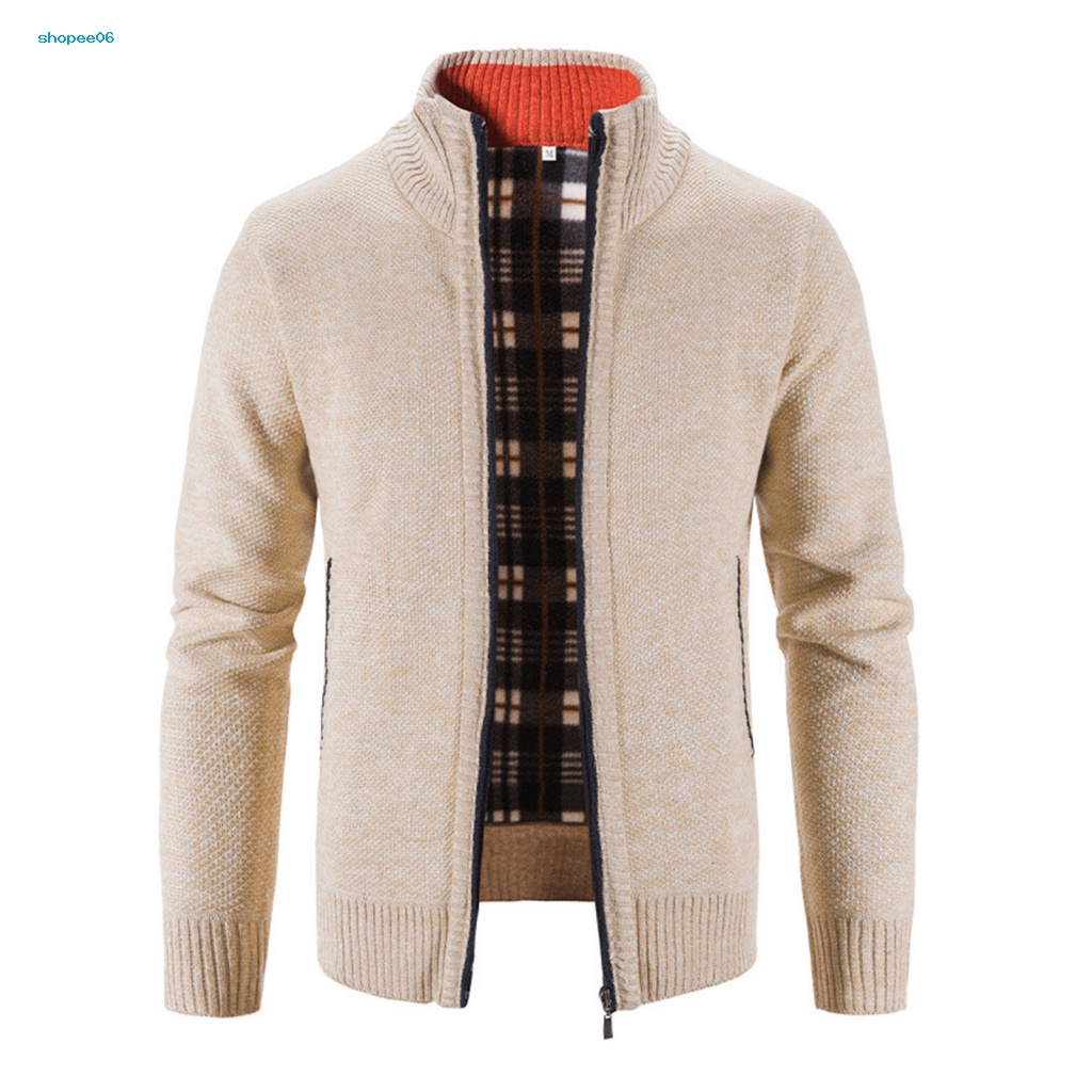 Pemg Áo Khoác Sweater Dệt Kim Tay Dài Lót Lông Cừu Màu Trơn Có Khóa Kéo Thời Trang Thu Đông Cho Nam