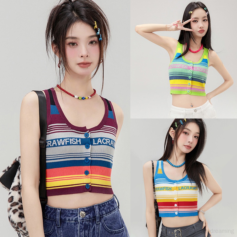 Áo Croptop Dệt Kim Sát Nách Họa Tiết Kẻ Sọc Cầu Vồng In Chữ Thời Trang Mùa Hè Cho Nữ