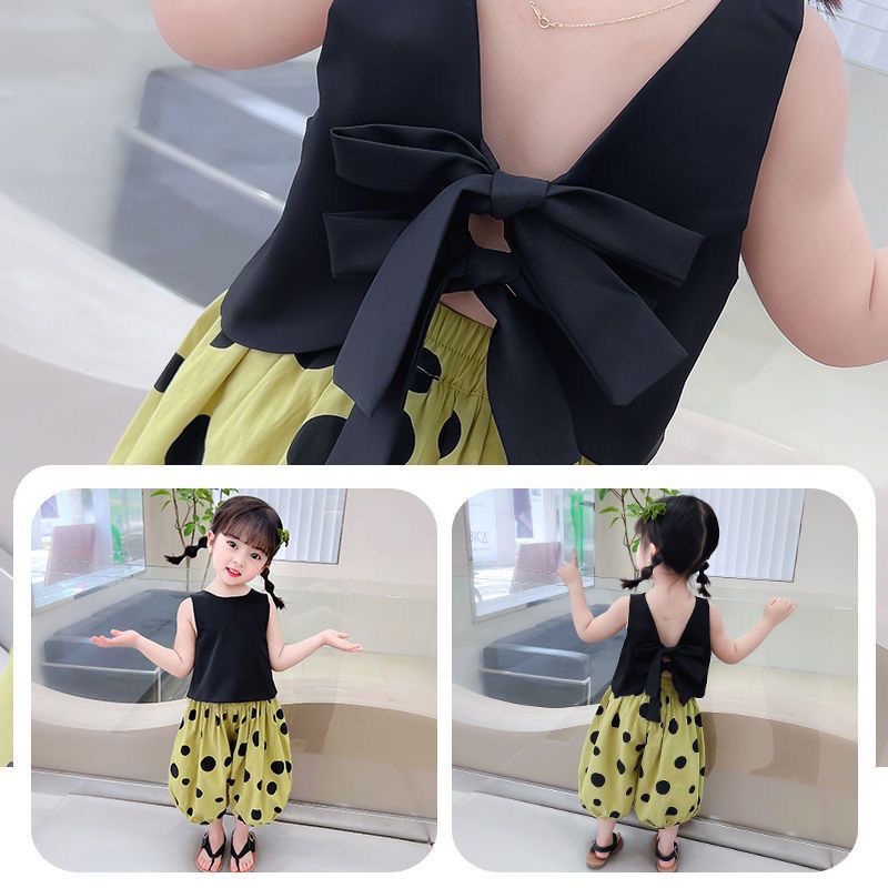 Hàng Mới Về Mới Set Áo Dây Chấm Bi + Áo Khoác Không Tay + Quần Short Thời Trang Mùa Hè Cho Bé Gái