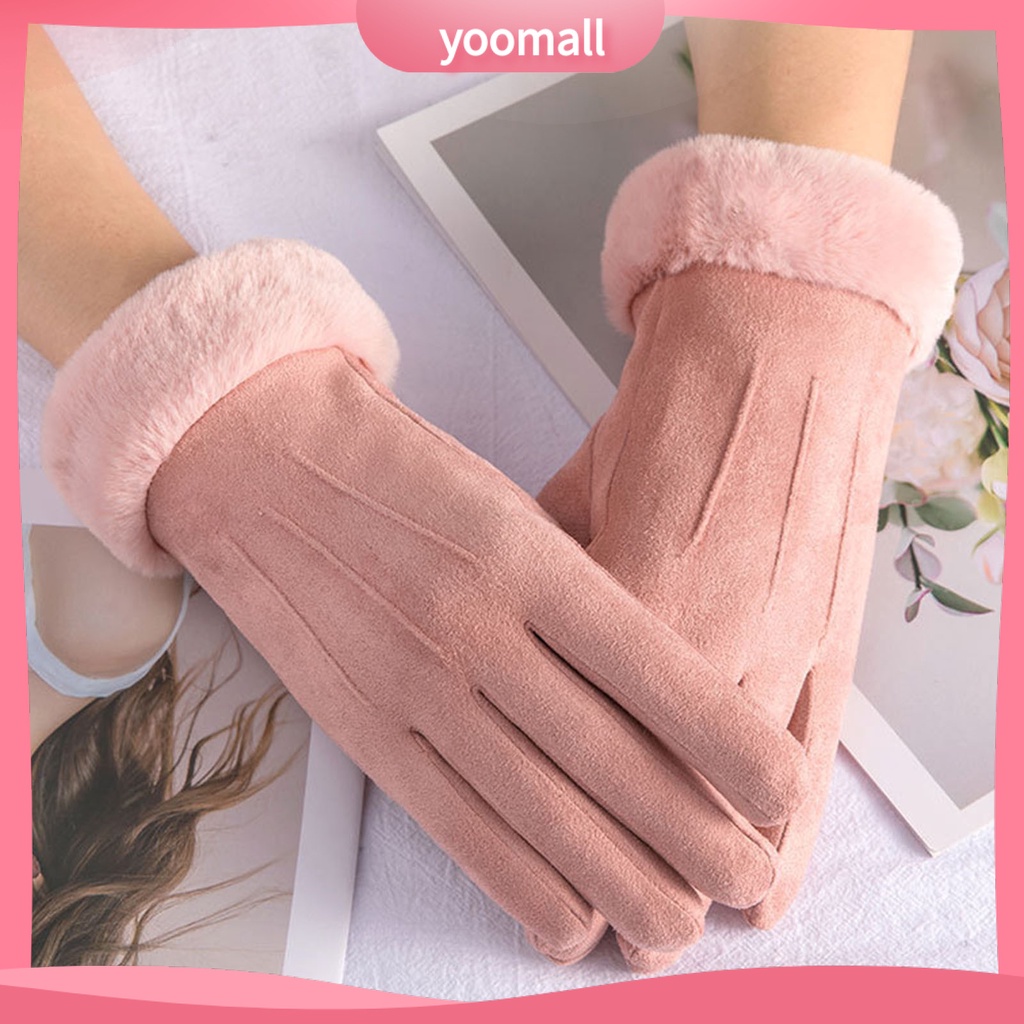 1 Đôi Găng Tay Da Lộn Lót Lông Dày Dặn Giữ Ấm Chống Rách Có Thể Chạm Màn Hình Cảm Ứng Cho Nữ