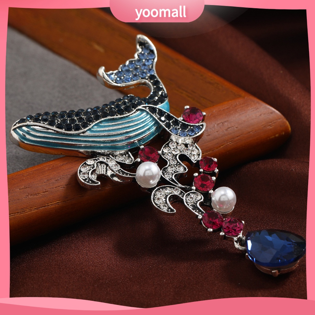 Ghim Cài Áo Hình Cá Voi Đính Đá Tráng Men Phong Cách Vintage