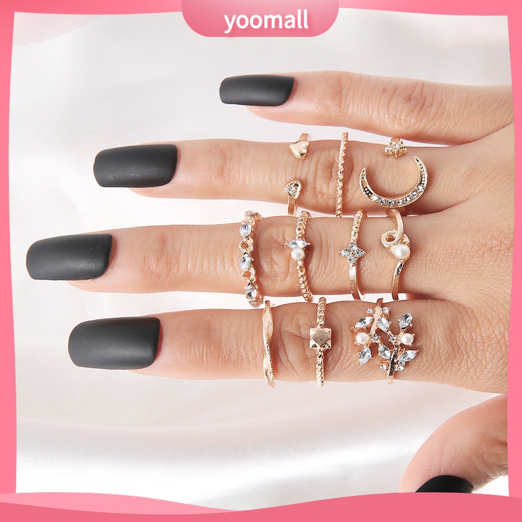 Bộ 10 Nhẫn Thời Trang Hình Học / Lá / Mặt Trăng / Trái Tim Không Phai Màu Trọng Lượng Nhẹ Cho Nữ