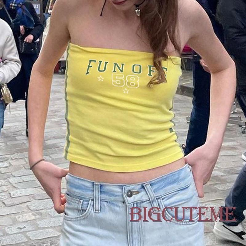 Áo Ống Lửng Hở Lưng In Chữ Số Màu Vàng Thời Trang Quyến Rũ Dành Cho Nữ