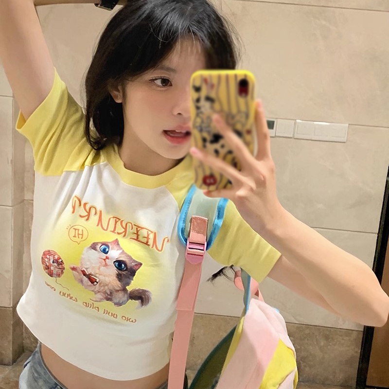 Áo Thun Cotton Croptop Cổ Tròn Thời Trang Mùa Hè Cho Nữ