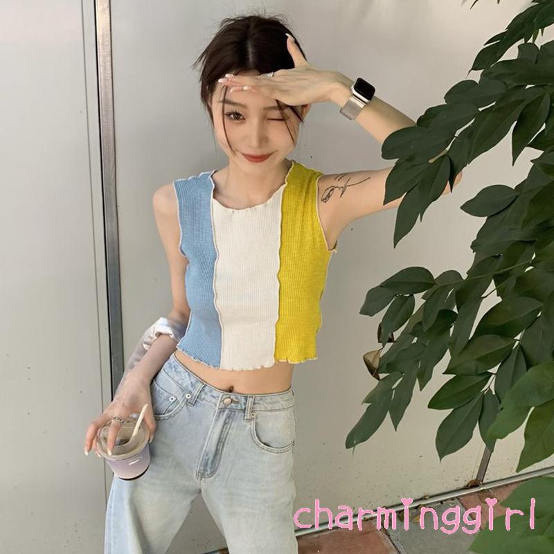 Áo Croptop Sát Nách Cổ Tròn Màu Sắc Tương Phản Thời Trang Mùa Hè Cho Nữ
