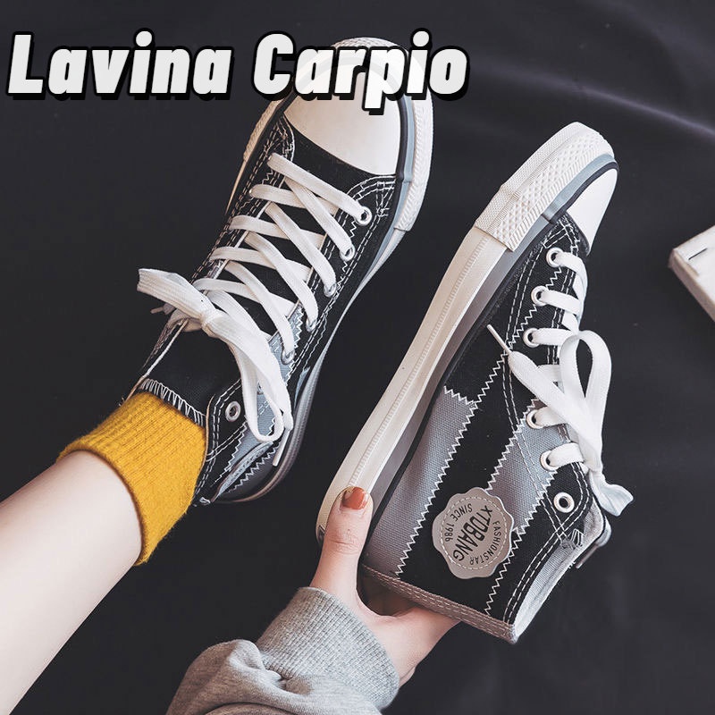 Lavina Carpio Giày Vải canvas Đế Phẳng Cổ Cao Màu Đen Phối Dây Buộc Chắp Vá Thông Thường Cho Nữ