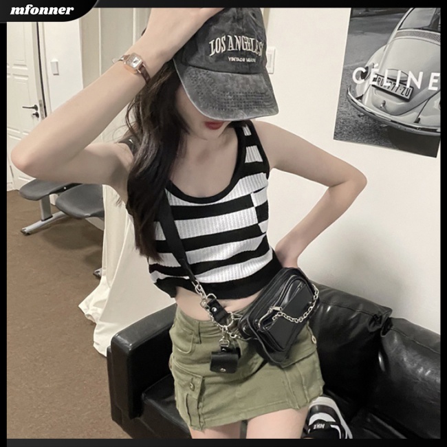 Áo Croptop Sát Nách Vải Lụa Lạnh Màu Sắc Tương Phản Kiểu Retro Thời Trang Mùa Hè Cho Nữ