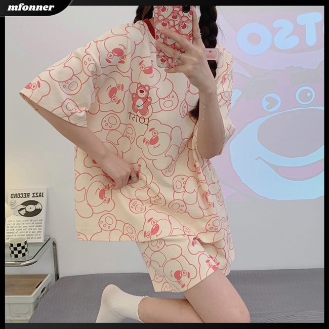 Bộ Đồ Ngủ 2 Món Áo Thun Tay Ngắn Cổ Tròn In Hoạt Hình Phối Quần Short Thời Trang Mùa Hè Cho Nữ