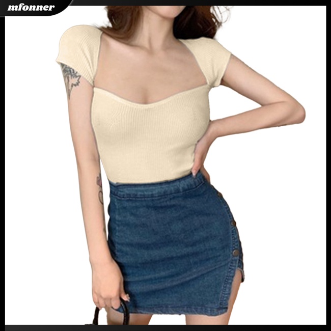Áo Croptop Dệt Kim Tay Ngắn Cổ Vuông Màu Sắc Đơn Giản Cho Nữ