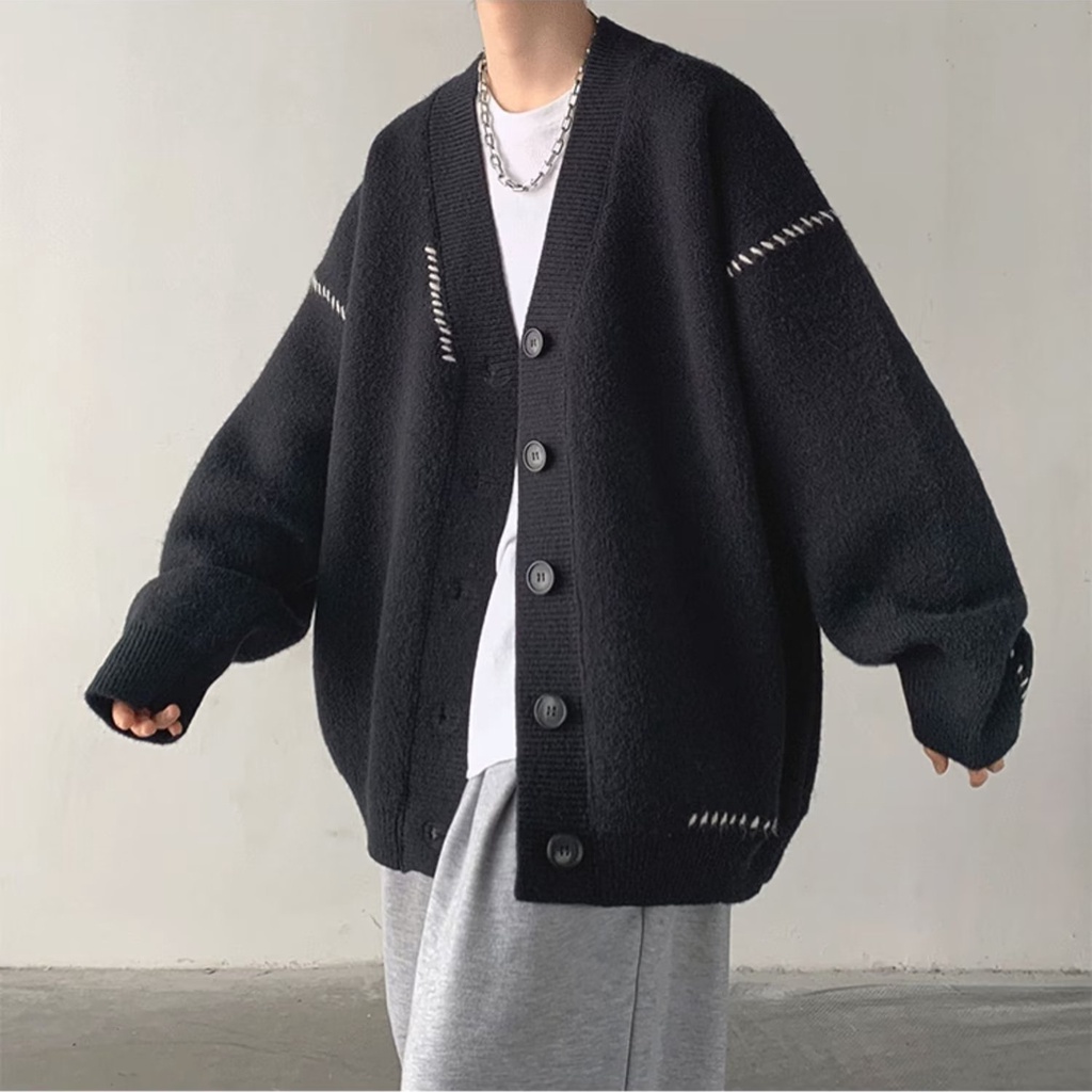 S-3XL Áo Khoác Cardigan Dệt Kim Cotton Dáng Rộng Màu Trơn Phong Cách Nhật Bản Thời Trang Thu Đông Cho Nam