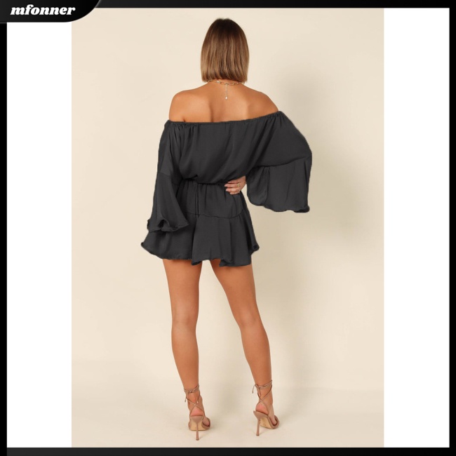 Bộ Áo Liền Quần Trễ Vai Eo Cao Tay Loe Phối Dây Rút Thời Trang Mùa Hè Cho Nữ