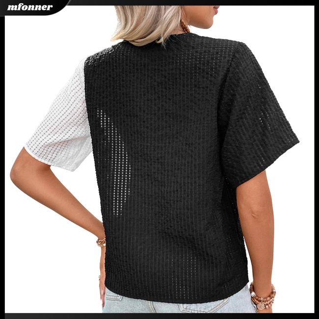 Áo Dệt Kim Tay Ngắn Cổ Chữ V Màu Sắc Tương Phản Thời Trang Cho Nữ