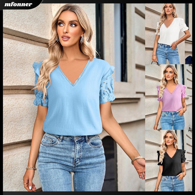 Áo Kiểu Tay Phồng Ngắn Cổ Chữ V Màu Sắc Đơn Giản Thanh Lịch Dành Cho Nữ