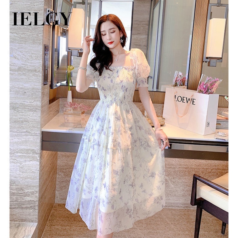 Đầm dài IELGY cổ vuông tay phồng in họa tiết hoa thời trang mùa hè dành cho nữ
