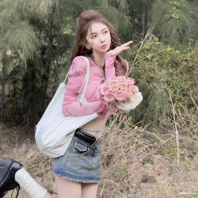 Áo Thun Tay Dài Cổ Tròn In Màu Nhuộm Phối Lưới Thời Trang Cho Nữ