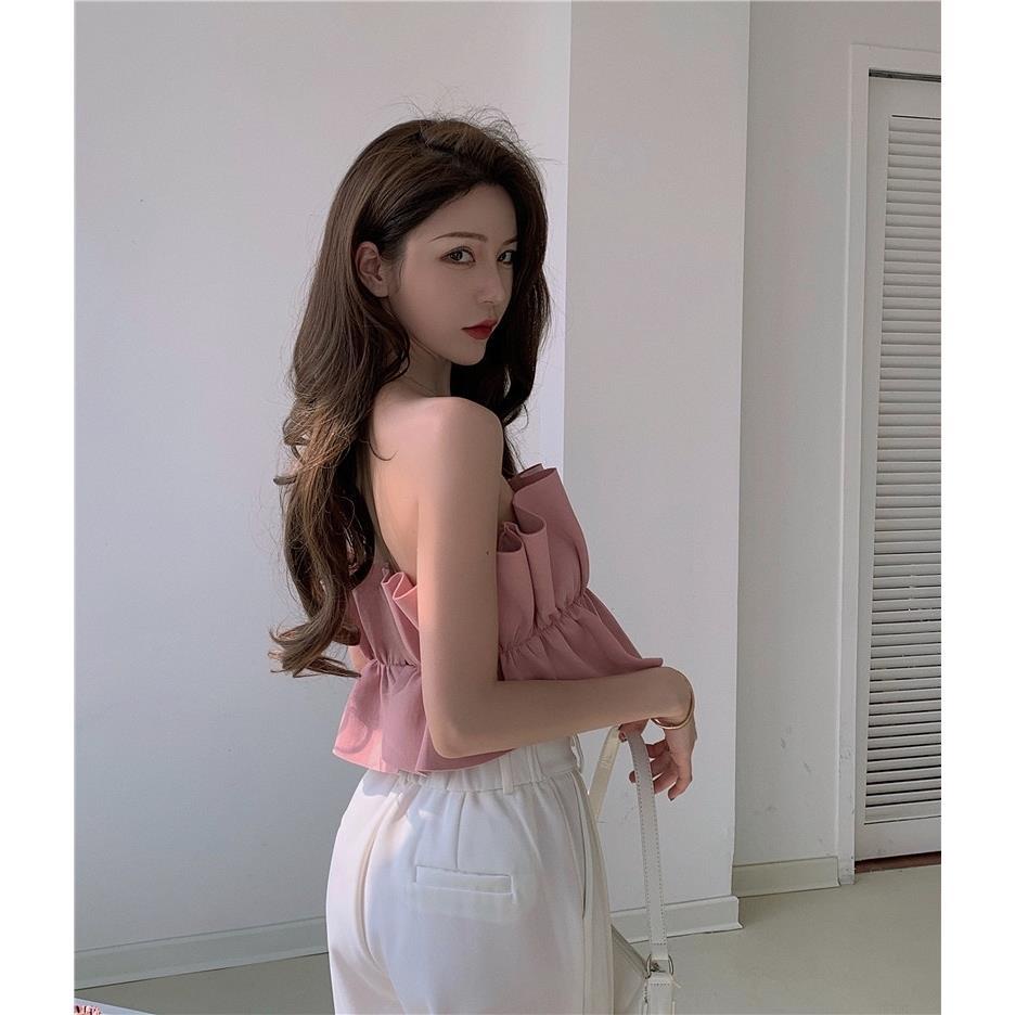 Áo Ống Dáng Ngắn Viền Lá Sen Màu Trơn Thiết Kế Phong Cách Mới Cho Nữ