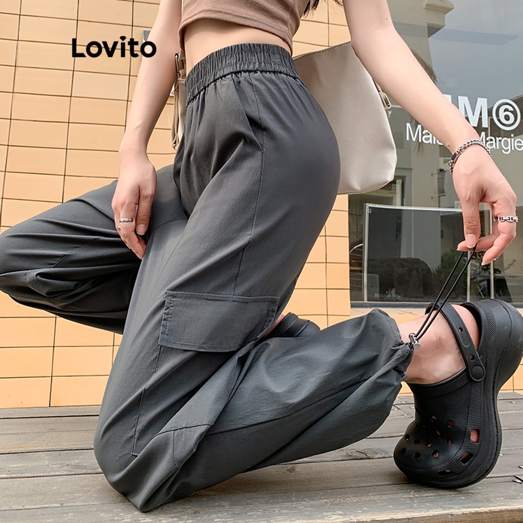 Lovito Quần ống rộng lưng vừa có túi trơn đơn giản dành cho nữ LNE15091 (Xám)