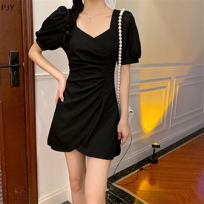 Đầm Mini Cổ Vuông Tay Phồng Xếp Ly Màu Trơn Thời Trang Mùa Hè Xinh Xắn Cho Nữ PJ