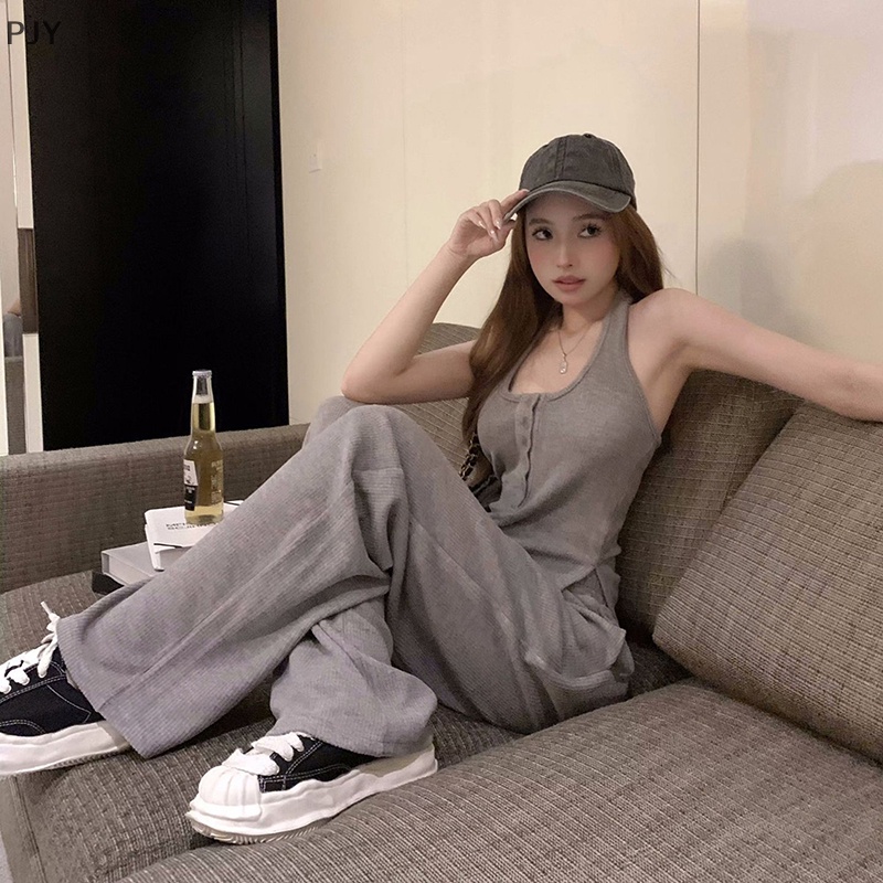 Set Đồ Thể Thao Hai Mảnh Gồm Áo Hai Dây Màu Xám Và Quần Dài Ống Rộng Mẫu Mới 2023 Thời Trang Mùa Hè Cho Nữ PJ