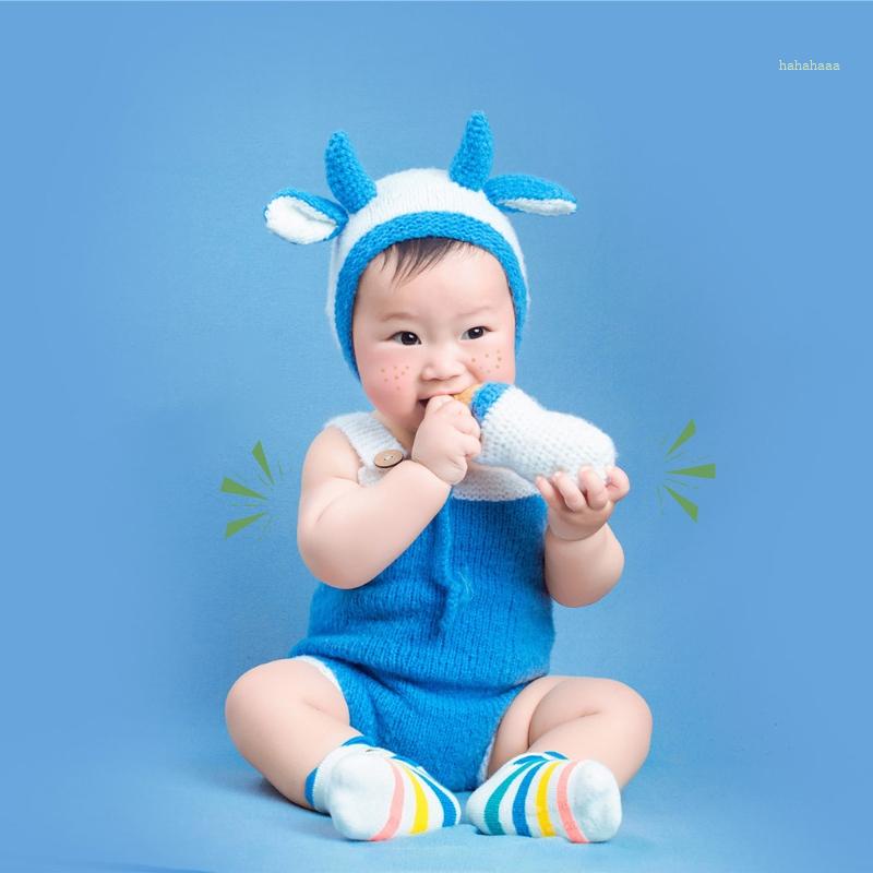 Bộ 3 Món Gồm Áo Liền Quần Dệt Kim Không Tay Cài Nút + Nón + Bình Sữa Ox Hoạt Hình Cho Trẻ Sơ Sinh