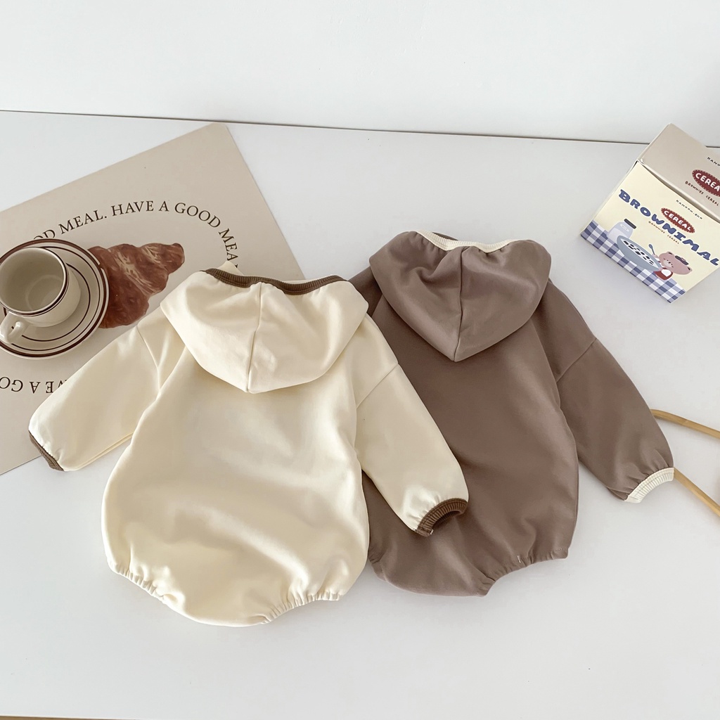 Bộ Áo Liền Quần Tay Dài In Hình Gấu Kèm Mũ Thời Trang Xuân Thu Cho Bé Trai 0-24 Tháng Tuổi