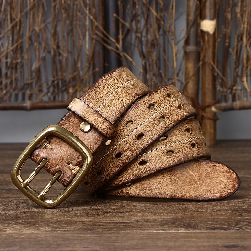 Thắt Lưng denim Da Bò Phối Hai Hàng Nút Cài Kiểu retro Cá Tính Xu Hướng Mới Cho Nam