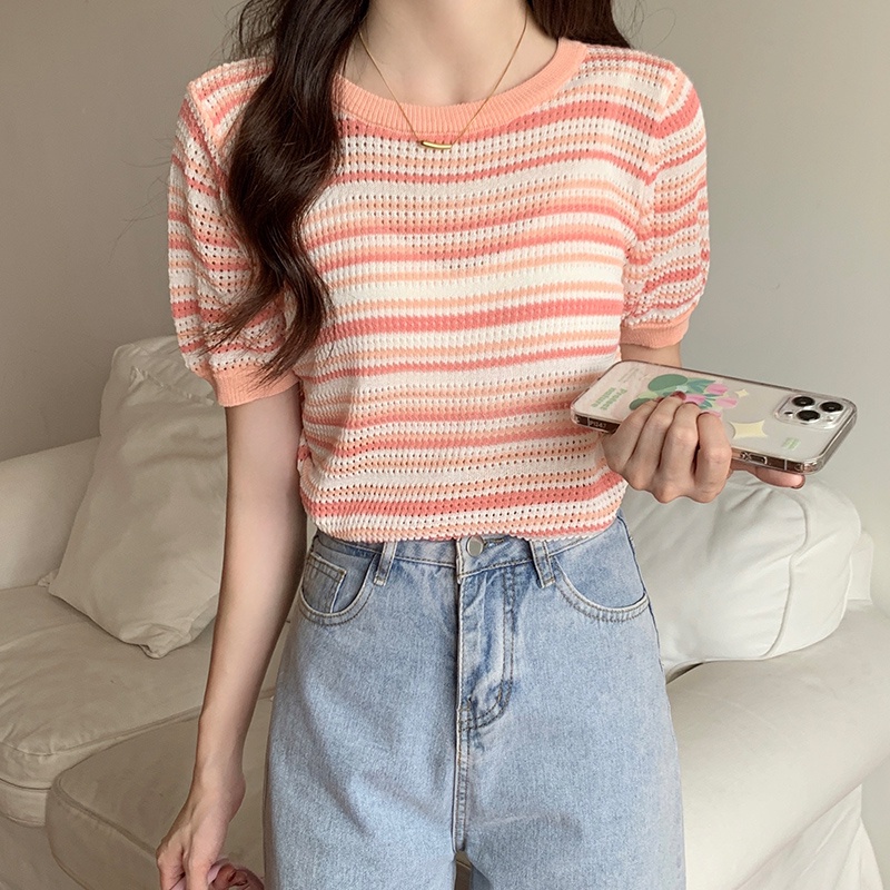 Áo Thun Lụa Lạnh Tay Ngắn Họa Tiết Sọc Ngang Thời Trang Dành Cho Nữ