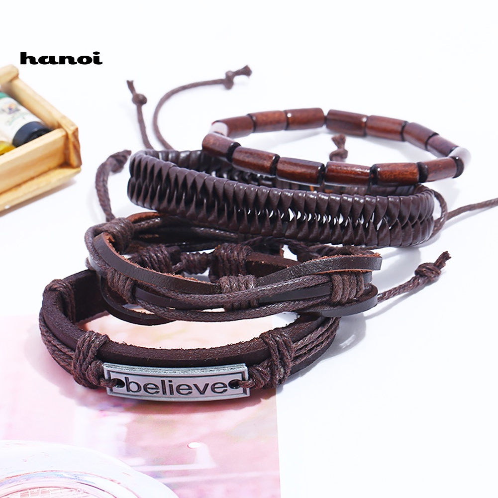 Set 4 Vòng Tay Bện Dây Giả Da Nhiều Lớp Thời Trang Cho Nam