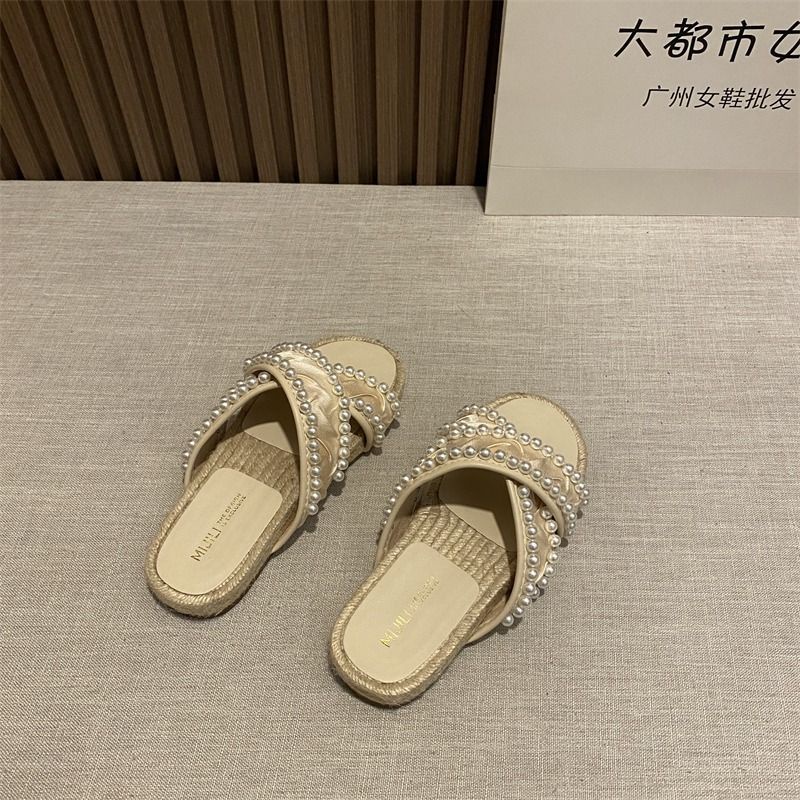 Dép Cói Đế Bằng Quai Chéo Đính Ngọc Trai Thời Trang Dành Cho Nữ